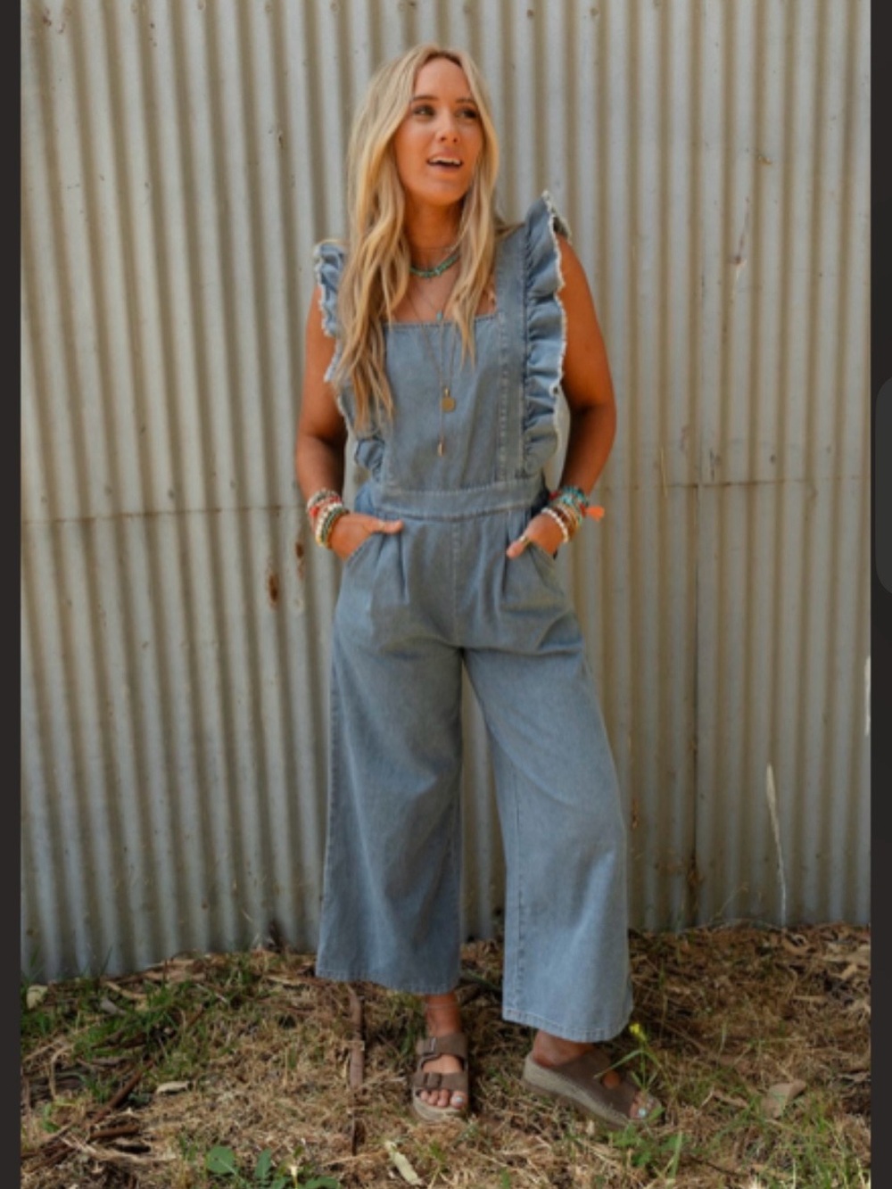 Three Bird Nest Light Blue Denim Ruffle-Strap Jumpsuit